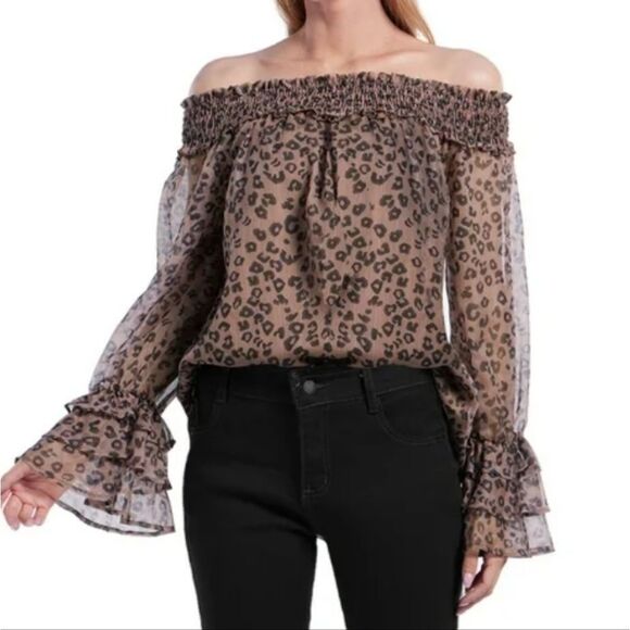 CeCe Black and Tan Animal Print Off Shoulder Ruffle Sleeve Blouse Medium - Picture 1 of 7